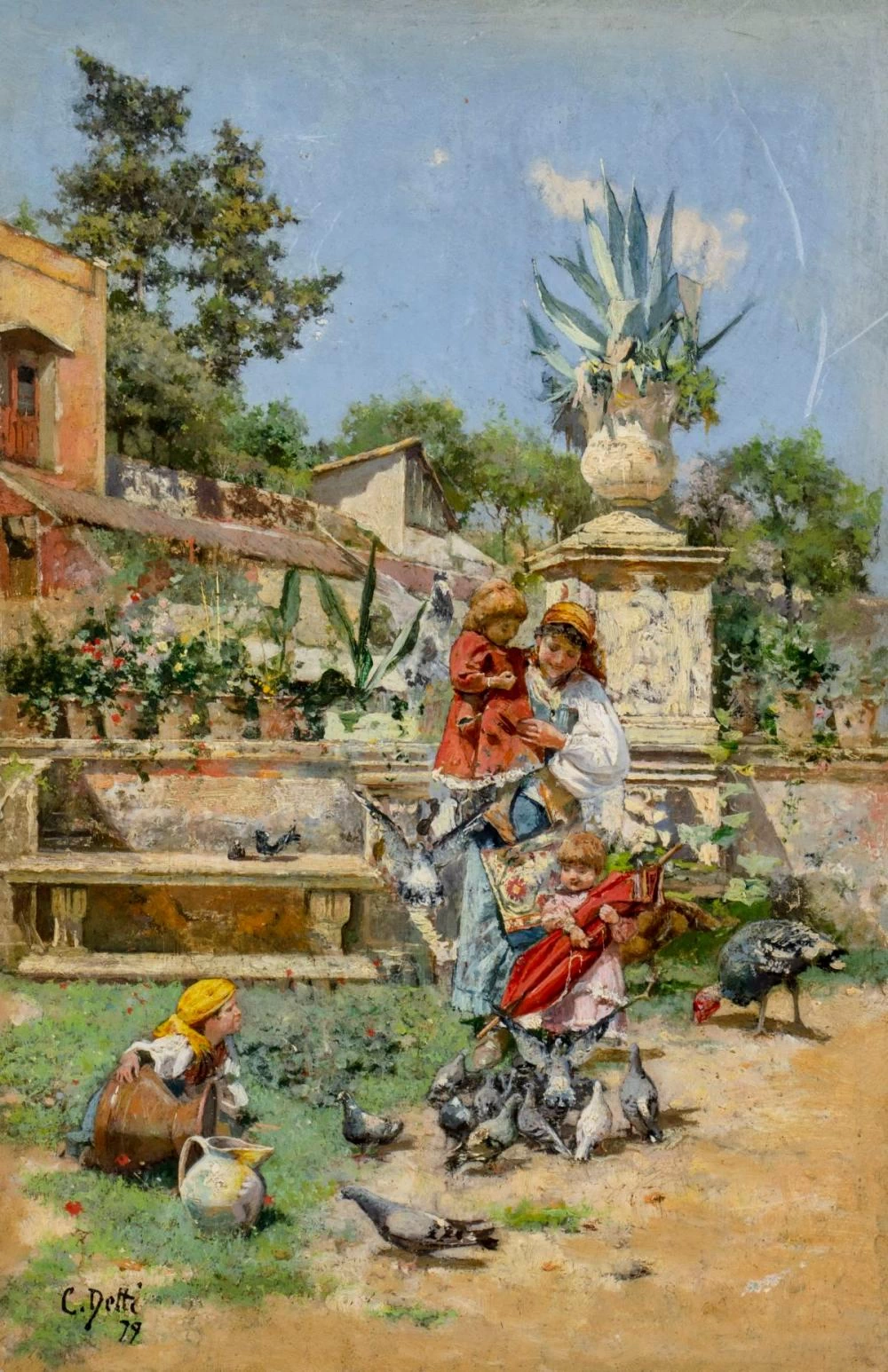 Cesare Detti - Madre e figli che danno da mangiare agli uccelli
